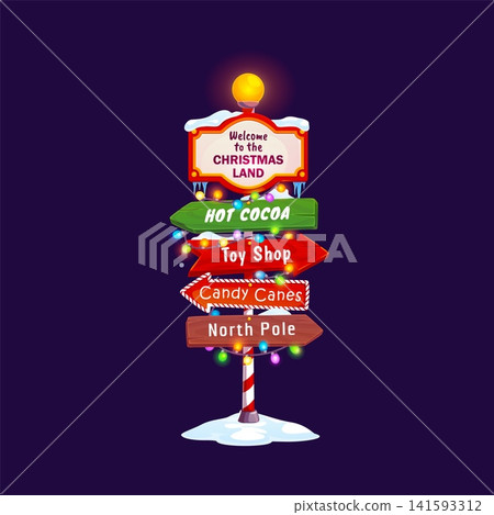 Cartoon Christmas North Pole sign. Vector Xmas signpost with glowing lights, holiday decoration, illuminated arrows and snow. Festive winter directions pointing to toy shop, hot cocoa and candy canes Cartoon Christmas North Pole sign. Vector Xmas signpost with glowing lights, holiday decoration, illuminated arrows and snow. Festive winter directions pointing to toy shop, hot cocoa and candy canes 141593312
