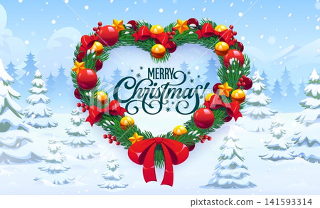 Xmas holiday wreath with Christmas decorations and winter snowbound forest landscape with snow. Cartoon vector heart shaped fir garland with red bow, balls, stars and berry festive seasonal ornaments Xmas holiday wreath with Christmas decorations and winter snowbound forest landscape with snow. Cartoon vector heart shaped fir garland with red bow, balls, stars and berry festive seasonal ornaments 141593314