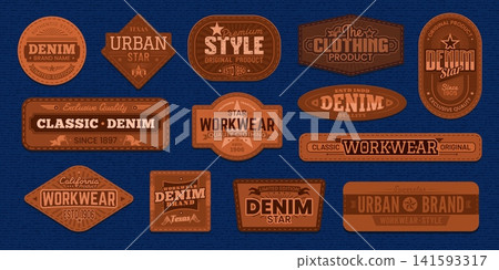 Denim jeans vintage brown vector leather patches with rectangular, oval, hexagon and diamond label tags. Jeans fashion brown embossed leather patches with stars, flags and text for fashion Denim jeans vintage brown vector leather patches with rectangular, oval, hexagon and diamond label tags. Jeans fashion brown embossed leather patches with stars, flags and text for fashion 141593317