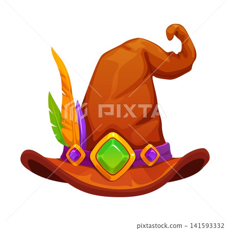 Cartoon witch hat with feather decorations and gemstone belt. Funny vector wizard cap showing colorful plumes, purple ribbon trim, green diamond buckle for Halloween party costume Cartoon witch hat with feather decorations and gemstone belt. Funny vector wizard cap showing colorful plumes, purple ribbon trim, green diamond buckle for Halloween party costume 141593332