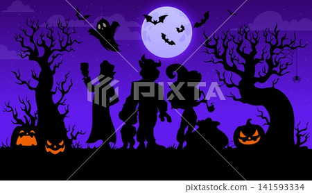 Halloween characters silhouettes featuring children in spooky costumes including witch, vampire, zombie, and Frankenstein with glowing orange pumpkins. Vector banner with ghost, bats, spider and moon Halloween characters silhouettes featuring children in spooky costumes including witch, vampire, zombie, and Frankenstein with glowing orange pumpkins. Vector banner with ghost, bats, spider and moon 141593334