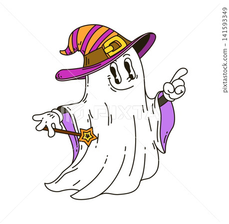Funny groovy Halloween ghost wizard wearing pointed hat and holding magic wand with star. Retro vector spooky spirit with cool 70s rocker vibe for Halloween party Funny groovy Halloween ghost wizard wearing pointed hat and holding magic wand with star. Retro vector spooky spirit with cool 70s rocker vibe for Halloween party 141593349