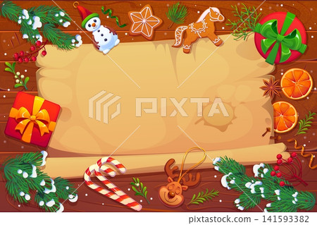 Christmas paper scroll with decorations on wooden desk for winter holiday, vector greeting card. Blank paper scroll parchment in frame of xmas tree decorations, gingerbread cookies and Christmas gifts Christmas paper scroll with decorations on wooden desk for winter holiday, vector greeting card. Blank paper scroll parchment in frame of xmas tree decorations, gingerbread cookies and Christmas gifts 141593382