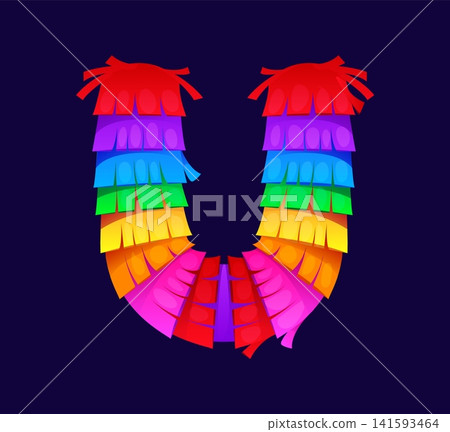 Pinata font or Mexican holiday festival cartoon letter typeface, vector ABC type. Mexican pinata English alphabet in shape of letter U with colorful paper tissue fringes for fiesta party or birthday Pinata font or Mexican holiday festival cartoon letter typeface, vector ABC type. Mexican pinata English alphabet in shape of letter U with colorful paper tissue fringes for fiesta party or birthday 141593464