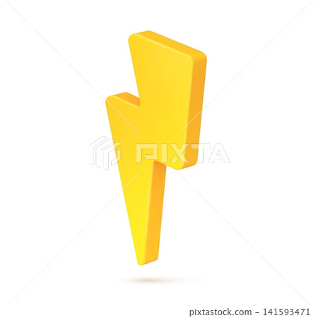Lightning or yellow 3D thunder bolt and energy flash icon or electric power voltage or thunderbolt arrow. 3D yellow lightning of light flash of battery charge and electricity volt or danger sign Lightning or yellow 3D thunder bolt and energy flash icon or electric power voltage or thunderbolt arrow. 3D yellow lightning of light flash of battery charge and electricity volt or danger sign 141593471