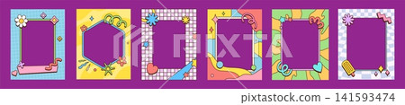 Retro groovy wave frames or hippie psychedelic y2k cartoon borders and backgrounds. Retro groovy frames with cute square shapes and pop art funky squiggle pattern for feed post design with flowers Retro groovy wave frames or hippie psychedelic y2k cartoon borders and backgrounds. Retro groovy frames with cute square shapes and pop art funky squiggle pattern for feed post design with flowers 141593474