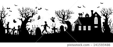 Halloween scary graveyard cemetery silhouette landscape with abandoned house and zombie monsters. Spooky vector scene with ghosts, cats, pumpkin, bare trees, and bats for Halloween decorations Halloween scary graveyard cemetery silhouette landscape with abandoned house and zombie monsters. Spooky vector scene with ghosts, cats, pumpkin, bare trees, and bats for Halloween decorations 141593486