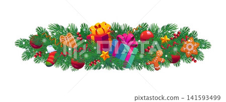 Christmas pine tree branches with decorations. Festive vector border with red baubles, gingerbreads gifts and winter berries. Pine tree branches for cards, borders or cozy winter graphics 141593499