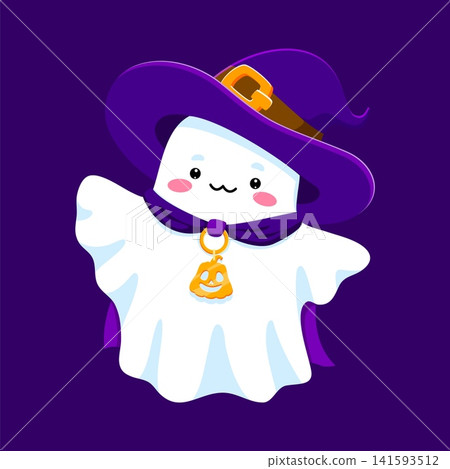 Funny Halloween kawaii ghost in wizard hat with gold pumpkin charm. Fun and spooky kawaii character for kids and Halloween party. Cute ghost in purple costume with cloak and hat Funny Halloween kawaii ghost in wizard hat with gold pumpkin charm. Fun and spooky kawaii character for kids and Halloween party. Cute ghost in purple costume with cloak and hat 141593512