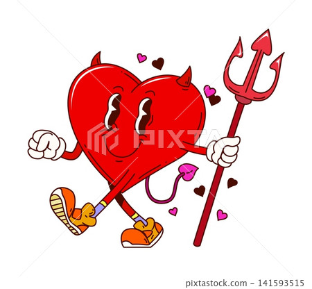 Groovy Halloween heart character with devil horns, tail, and pitchfork walking and smiling. Funky devil mascot with pitchfork and flying hearts. Cute vector cartoon icon for romantic Halloween fun Groovy Halloween heart character with devil horns, tail, and pitchfork walking and smiling. Funky devil mascot with pitchfork and flying hearts. Cute vector cartoon icon for romantic Halloween fun 141593515