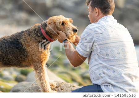 Man bonding with airedale terrier on rocks Man bonding with airedale terrier on rocks 141593516