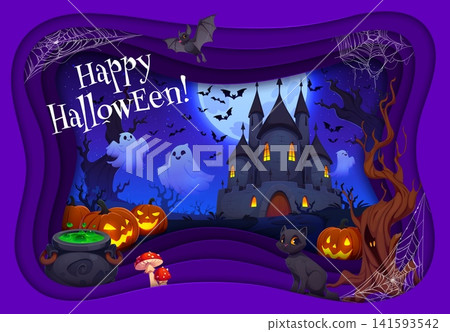 Paper cut Happy Halloween banner with abandoned castle and pumpkin lanterns, vector greeting card. Happy Halloween with boo ghost and witch cat or bats with scary pumpkins and paper cut spiderwebs Paper cut Happy Halloween banner with abandoned castle and pumpkin lanterns, vector greeting card. Happy Halloween with boo ghost and witch cat or bats with scary pumpkins and paper cut spiderwebs 141593542