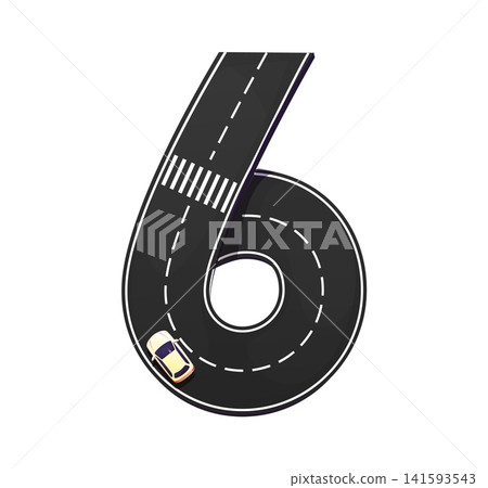 Road font number 6, cartoon asphalt highway type with car traffic route. Road font or street track alphabet typeface of number 6 six with car drive on highway or road traffic lane 141593543