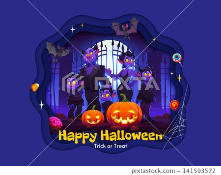 Happy Halloween paper cut greeting card with devils family, cartoon vector banner. Halloween horror night holiday greeting for trick or treat party with spooky pumpkin lanterns on cemetery night Happy Halloween paper cut greeting card with devils family, cartoon vector banner. Halloween horror night holiday greeting for trick or treat party with spooky pumpkin lanterns on cemetery night 141593572