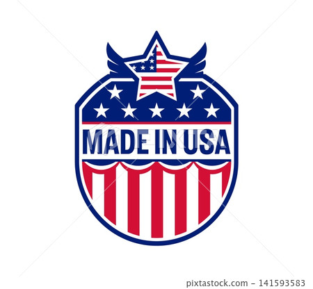 Made in USA label with American flag and eagle wings for quality badge or America manufacture stamp icon. Made in USA badge for United States production and US product quality guarantee certificate Made in USA label with American flag and eagle wings for quality badge or America manufacture stamp icon. Made in USA badge for United States production and US product quality guarantee certificate 141593583