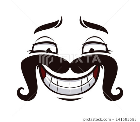 Funny face with happy wide smile and mustaches for cartoon emoji with emotion expression. Cheerful cartoon face with long curly mustaches and joyful glad big smile with tricky sly comic look emotion Funny face with happy wide smile and mustaches for cartoon emoji with emotion expression. Cheerful cartoon face with long curly mustaches and joyful glad big smile with tricky sly comic look emotion 141593585