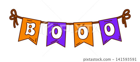 Groovy Halloween garland with orange and purple flags with boo text. Funky retro decoration with 70s party vibe. Vector bright hipster carnival pennants for Halloween holiday and fairground Groovy Halloween garland with orange and purple flags with boo text. Funky retro decoration with 70s party vibe. Vector bright hipster carnival pennants for Halloween holiday and fairground 141593591
