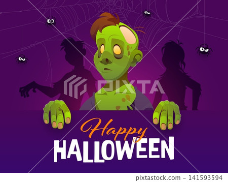 Happy Halloween banner with scary zombie characters and cobweb threads, vector greeting card. Halloween horror night holiday banner with green rotten zombie or dead corpse and spiders in spiderwebs Happy Halloween banner with scary zombie characters and cobweb threads, vector greeting card. Halloween horror night holiday banner with green rotten zombie or dead corpse and spiders in spiderwebs 141593594