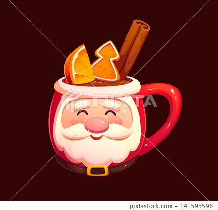 Christmas hot chocolate mug or cocoa and eggnog dessert drink cup for winter holiday. Christmas cup or red mug with cartoon Santa face, orange fruit or cinnamon stick and gingerbread cookie Xmas tree Christmas hot chocolate mug or cocoa and eggnog dessert drink cup for winter holiday. Christmas cup or red mug with cartoon Santa face, orange fruit or cinnamon stick and gingerbread cookie Xmas tree 141593596