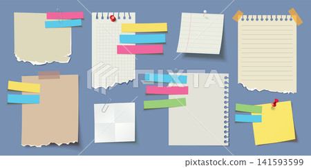 Collection of colorful sticky notes, torn paper sheets, and notebook pages pinned and taped Collection of colorful sticky notes, torn paper sheets, and notebook pages pinned and taped 141593599