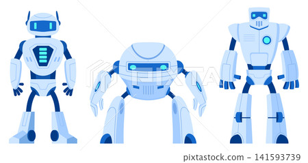 Android robots collection. Friendly futuristic robots in different poses flat vector illustration set. Artificial intelligence mascots isolated on white background Android robots collection. Friendly futuristic robots in different poses flat vector illustration set. Artificial intelligence mascots isolated on white background 141593739