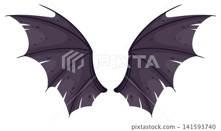 Bat wings pair. Large scary vampire bat wings flat vector illustration. Gothic Halloween accessory isolated on white background Bat wings pair. Large scary vampire bat wings flat vector illustration. Gothic Halloween accessory isolated on white background 141593740