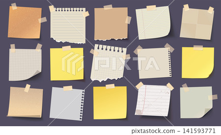 Collection of realistic sticky notes and paper sheets with tape, torn edges, and shadows 141593771