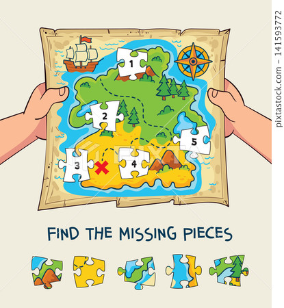 Pirate treasure map puzzle for kids with missing jigsaw pieces Pirate treasure map puzzle for kids with missing jigsaw pieces 141593772