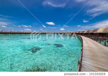 Gorgeous overwater villas above crystal turquoise lagoon connected by wooden boardwalk Maldives luxury resort. Perfect summer vacation travel landscape paradise. Luxury honeymoon getaway scenic Gorgeous overwater villas above crystal turquoise lagoon connected by wooden boardwalk Maldives luxury resort. Perfect summer vacation travel landscape paradise. Luxury honeymoon getaway scenic 141593859