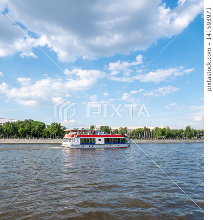 Moscow Russia May 20 2026 View of the Moscow River embankment with Luzhniki Stadium and sightseeing boat on the river on a sunny day Moscow Russia May 20 2026 View of the Moscow River embankment with Luzhniki Stadium and sightseeing boat on the river on a sunny day 141593971