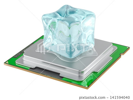 Melting ice cube on computer processor for CPU cooling and overheating concept. 3D rendering Melting ice cube on computer processor for CPU cooling and overheating concept. 3D rendering 141594040