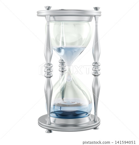 Water hourglass with blue liquid in silver frame for time and deadline concept. 3D rendering Water hourglass with blue liquid in silver frame for time and deadline concept. 3D rendering 141594051