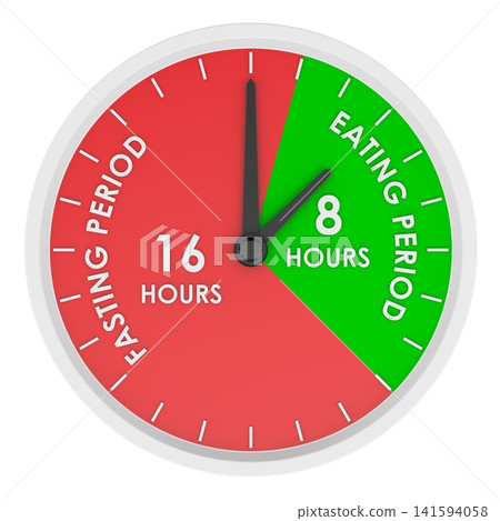 Intermittent fasting 16 and 8 schedule clock with eating and fasting periods. 3D rendering Intermittent fasting 16 and 8 schedule clock with eating and fasting periods. 3D rendering 141594058