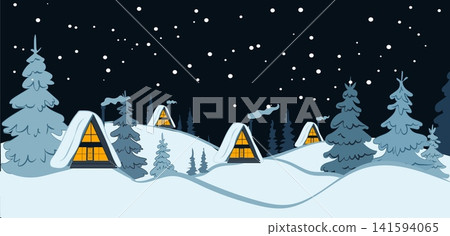 Minimalist Winter Landscape Vector Flat Illustration with Cozy A-Frame Cabins Lighted Windows Snow Covered Trees and Falling Snow for Christmas Asset Minimalist Winter Landscape Vector Flat Illustration with Cozy A-Frame Cabins Lighted Windows Snow Covered Trees and Falling Snow for Christmas Asset 141594065