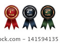 Champion gold, silver and bronze award badge with ribbon. Awards ceremony medals of First, Second and Third place. Vector illustration 141594135