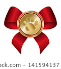 Gold pet award with red bow. Golden badge of a winner with a pet paw print and red ribbons. Vector illustration 141594137