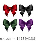 Set of colored silk bow ribbons isolated on white background. Red, black, green and purple gift bow. Vector illustration 141594138