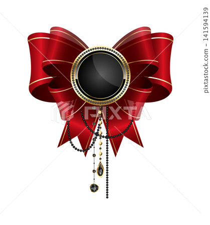 Festive red silk bow with a golden badge, beads and gems decorations. Festive or VIP template. Vector illustration Festive red silk bow with a golden badge, beads and gems decorations. Festive or VIP template. Vector illustration 141594139