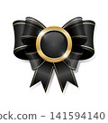 Black silk bow with a shiny golden badge. Festive or VIP template. Vector illustration 141594140