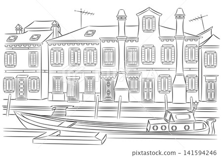 Traditional Canal Houses in Burano, Venice, Italy Black and White Vector Illustration 141594246