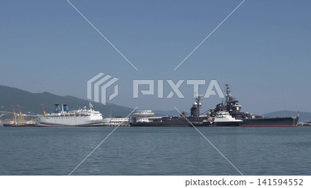 Novorossiysk Russia September 20 2025: The cruiser Mikhail Kutuzov moored in the city port. Historic Soviet Project 68bis museum ship. Editorial use only Novorossiysk Russia September 20 2025: The cruiser Mikhail Kutuzov moored in the city port. Historic Soviet Project 68bis museum ship. Editorial use only 141594552