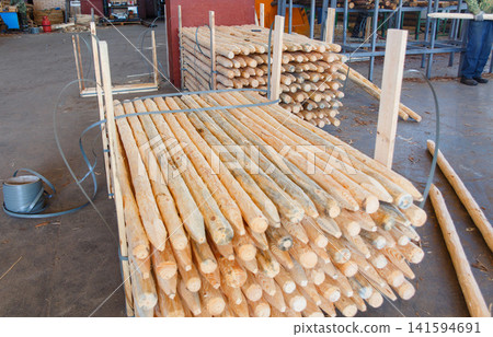 Stacks of sharpened wooden stakes bundled with strapping tape Stacks of sharpened wooden stakes bundled with strapping tape 141594691