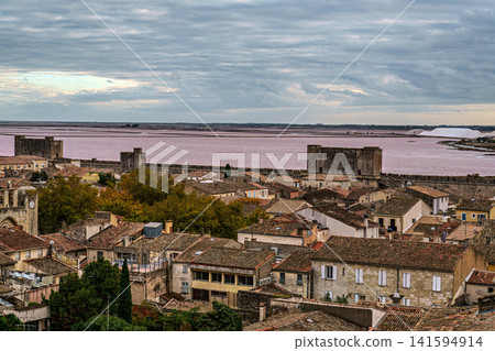 The pink salt lake and the medieval walled Old town of Aigues-Mortes, Camargue, France 141594914