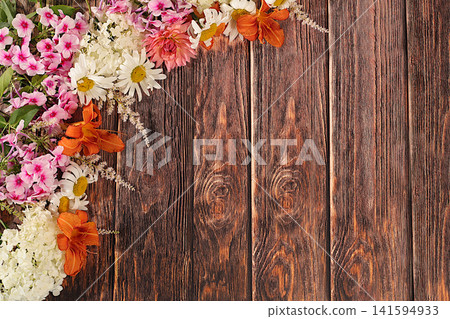 Advertising banner featuring beautiful garden flowers, chamomile, hydrangea, phlox, cherry blossoms and lilies, sunny summer postcard. Abstract floral composition and concept of elegant beauty, Advertising banner featuring beautiful garden flowers, chamomile, hydrangea, phlox, cherry blossoms and lilies, sunny summer postcard. Abstract floral composition and concept of elegant beauty, 141594933