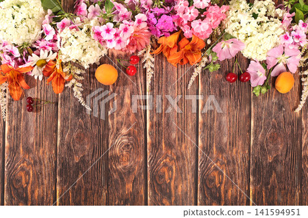 Abstract floral arrangement, background and festive floral concept for summer flyer,banner featuring beautiful garden flowers, daisies, hydrangeas, phlox, cherry blossoms and lilies, reminiscent Abstract floral arrangement, background and festive floral concept for summer flyer,banner featuring beautiful garden flowers, daisies, hydrangeas, phlox, cherry blossoms and lilies, reminiscent 141594951