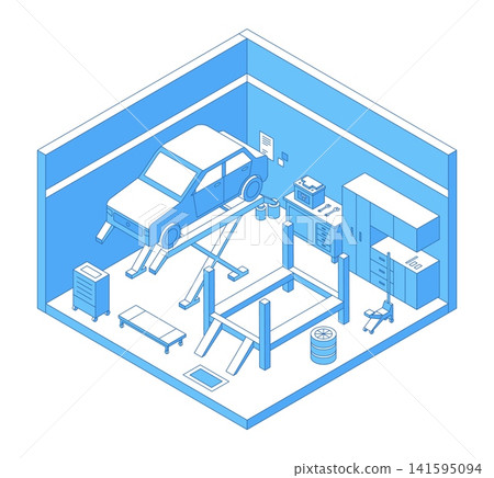 Isometric auto service interior. Car in garage being repaired. Passenger car maintenance, body renovation. Different equipment and tools, nifty vector scene 141595094