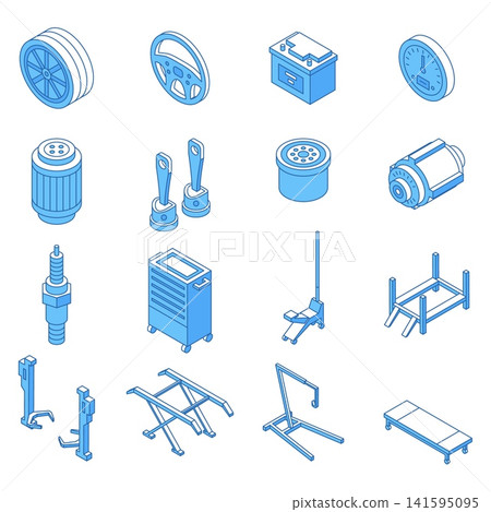 Isometric car service elements. Wheels, car repair tools, truck parts. Garage equipment, oil change, battery charging. Flat 3d nifty vector clipart Isometric car service elements. Wheels, car repair tools, truck parts. Garage equipment, oil change, battery charging. Flat 3d nifty vector clipart 141595095