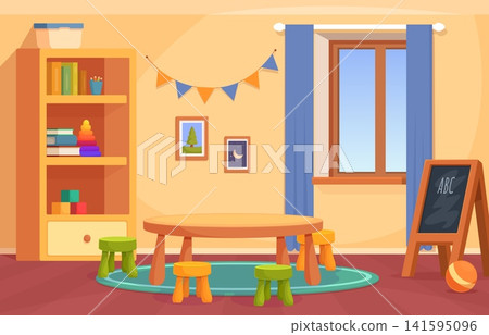 Kindergarten room interior. Cozy playroom for children in preschool. Shelf with books and toys, tiny desk and stools, carpet, wall decor, sapid vector scene 141595096