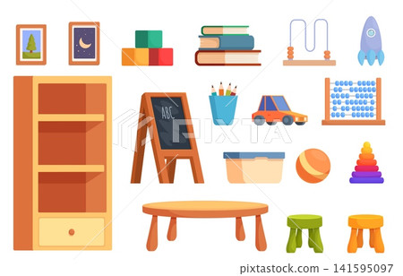 Kindergarten furniture. Shelf for books and toys, tiny wooden stools, table, chalkboard. Isolated preschool room interior cartoon elements, sapid vector set Kindergarten furniture. Shelf for books and toys, tiny wooden stools, table, chalkboard. Isolated preschool room interior cartoon elements, sapid vector set 141595097
