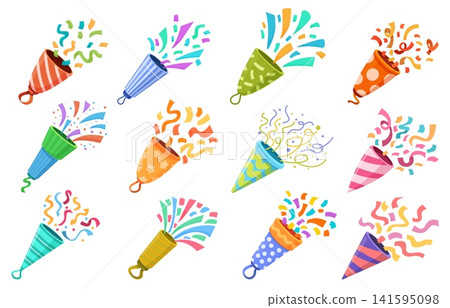 Cartoon confetti poppers. Celebrating elements, festive firecrackers with bright ribbons. Decorative accessories for birthday, party, anniversary, sapid vector set Cartoon confetti poppers. Celebrating elements, festive firecrackers with bright ribbons. Decorative accessories for birthday, party, anniversary, sapid vector set 141595098
